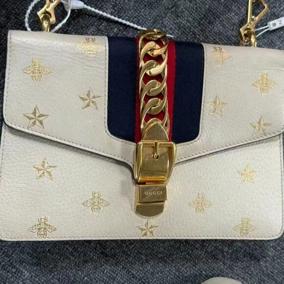 Gucci White Bee Star Print Leather Small Sylvie Web Chain Shoulder Bag - Picture 1 of 8